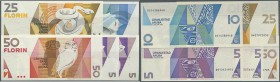 Aruba: set of 5 notes containing 2x 5 Florin 1990, 10 Florin 1990, 25 Florin 1990 and 50 Florin 1990 P. 6-9, all in crisp original condition: UNC. (5 ...