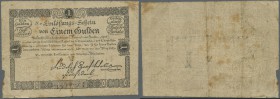Austria: Privilegierte Vereinigte Einlösungs- und Tilgungs-Deputation 1 Gulden 1811, P.A44a in used condition with several folds, toned paper and a fe...