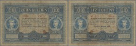 Austria: 10 Gulden 1880 P. 1, S/N 031021, used with several folds, stain in paper, tiny center hole, still nice colors and no repairs, condition: F to...