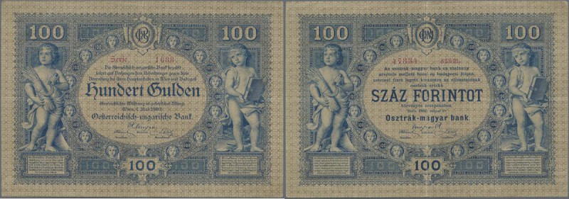Austria: highly rare banknote 100 Gulden 1880 P. 2, used with vertical and horiz...