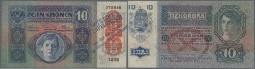 Austria: 10 Kronen 1915 P. 19 with forged red overprint at right (to make it look like P. 51), the note is stamped ”Note Echt Stempel falsch” (Note au...
