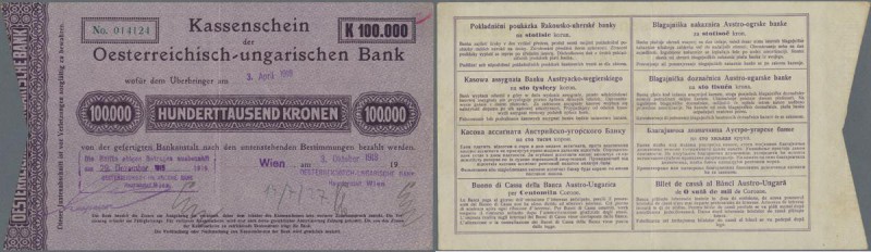 Austria: Kassenschein 100.000 Kronen 1919 P. 35 Austria-Hungarian bank, highly r...