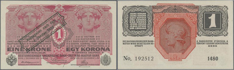 Austria: 1 Krone 1920 P. 41 stamped on 1 Krone 1916, light handling in paper, no...