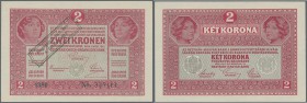 Austria: 2 Kronen 1920 P. 42a stamped on 2 Kronen 1917, crisp original, no holes or tears, no folds, original colors, condition: aUNC.