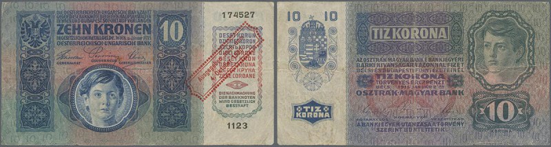 Austria: 10 Kronen 1920 P. 43 stamped on 10 Kronen 1915, several folds and creas...