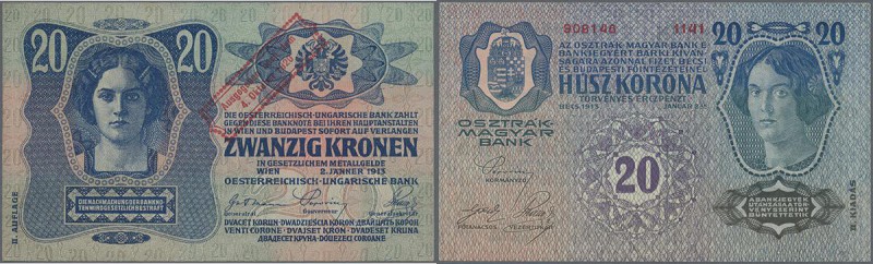 Austria: 20 Kronen 1920 P. 45 stamped on 20 Kronen 1913, crisp original paper an...