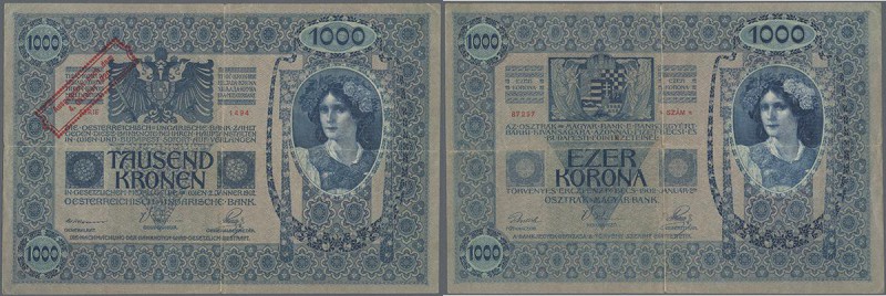 Austria: 1000 Kronen 1920 P. 48 stamped on 1000 Kronen 1902, center and horizont...