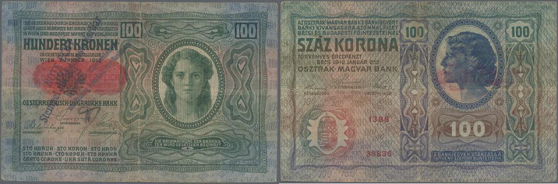 Austria: rare note 100 Kronen 1912 P. 55 with rare ink error at the red overprin...