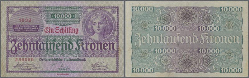 Austria: 1 Schilling on 10.000 Kronen 1924 P. 87, center fold, corner fold, hand...