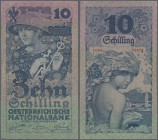 Austria: 10 Schilling 1927 P. 94, exceptional condition for this type of note with very crisp original paper and original bright colors, one very ligh...