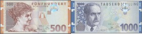Austria: set of 2 notes 500 & 1000 Schilling 1997 P. 154, 155, last issued notes of Austria before introduction of the Euro with nice design and Kineg...