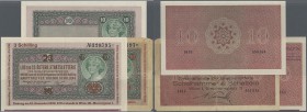Austria: Donaustaat set with 3 notes 2x with Lottery overprint and 1x without overprint on 10 Schilling 1923 P. S151a,b, after WWI the state ”Donausta...