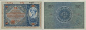 Austria: Donaustaat set of 2 notes with and without Lottery overprint on 100 Schilling 1923 P. S154a,b, after WWI the state ”Donaustaat” was planned i...