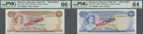 Bahamas: set of 8 SPECIMEN banknotes from 1/2 Dollar 1968 to 100 Dollars 1968 Specimen P. 26s-33s, all PMG graded in: (starting with 1/2 Dollar:) 66 G...