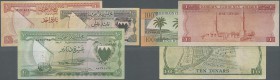 Bahrain: Very nice set with 3 Banknotes Bahrain Currency Board with 100 Fils, 1 Dinar and the highly rare 10 Dinars L.1964, P.1, 4, 6. All notes in us...