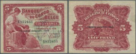 Belgian Congo: 5 Francs 1942 P. 13, used with light folds and creases in paper, pen writing at right on front, not washed or pressed, no holes or tear...