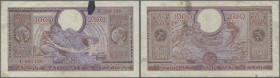 Belgium: 1000 Francs = 200 Belgas 1943 P. 125, used with folds and creases, an ink stain at upper border, but no holes or tears, still strongness in p...