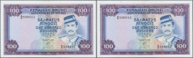 Brunei: rare pair of 2 CONSECUTIVE notes 100 Ringgit 1988 P. 10, both in condition: XF+ to aUNC. (2 pcs consecutive)