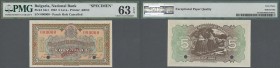 Bulgaria: 5 Leva 1922 SPECIMEN, P.34s1 with punch hole cancellation and red overprint SPECIMEN, PMG graded 63 Choice Uncirculated EPQ