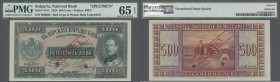 Bulgaria: 500 Leva 1925 SPECIMEN, P.47s1, printer BWC with punch hole cancellation and red overprint SPECIMEN, PMG graded 65 Choice Uncirculated EPQ, ...