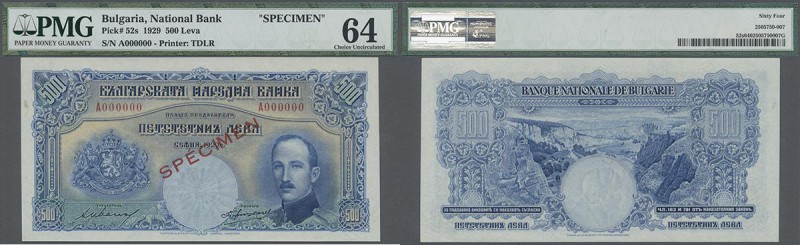 Bulgaria: 500 Leva 1929 SPECIMEN, P.52s, printer TDLR with red overprint SPECIME...
