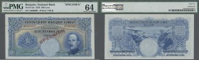 Bulgaria: 500 Leva 1929 SPECIMEN, P.52s, printer TDLR with red overprint SPECIMEN, PMG graded 64 Choice Uncirculated