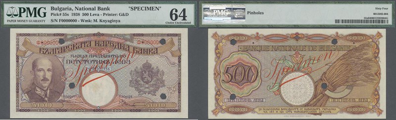 Bulgaria: 500 Leva 1938 SPECIMEN, P.55s, printer G&D with red overprint SPECIMEN...
