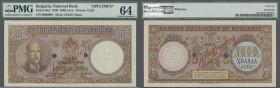 Bulgaria: 1000 Leva 1938 SPECIMEN, P.56s, printer G&D with red overprint SPECIMEN and 6 cancellation holes, PMG graded 64 Choice Uncirculated, highest...