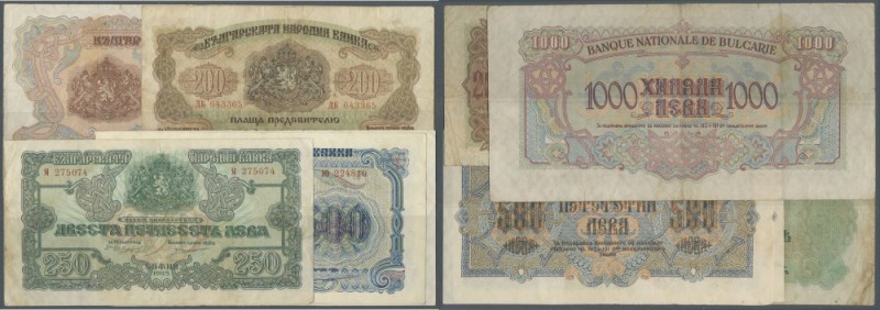 Bulgaria: Set of 5 notes containing 200 Leva 1945 P. 69 (F), 250 Leva 1945 P. 70...