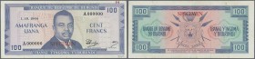 Burundi: 100 Francs 1964 SPECIMEN, P.12as with soft vertical bend at center, some small spots on back and pencil annotations at lower right on front (...