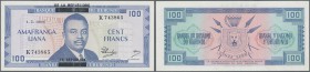 Burundi: 100 Francs 01.05.1965 P. 17, with black overprint ”De La Republique”, S/N #K743865, in exceptional condition without any holes or tears, cris...