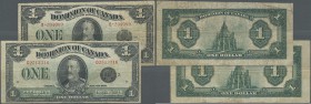 Canada: Dominion of Canada pair of 1 Dollar 1923, one with black seal, Block number 1 and signatures: Hyndman & Saunders P.33a in F- and the other one...