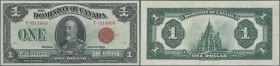Canada: Dominion of Canada 1 Dollar 1923 with red seal, Block number 1 and signatures: McCavour & Saunders P.33b, extraordinary good condition with br...