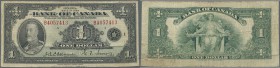 Canada: Bank of Canada 1 Dollar 1935, P.38, some small border tears, toned paper and a few folds. Condition: F-