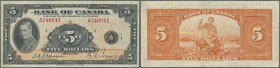 Canada: Bank of Canada 5 Dollars 1935, P.42, highly rare note with a few folds, but still strong paper and bright colors. Condition: F+