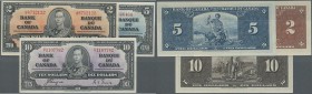 Canada: Very nice set with 3 Banknotes of the 1937 series with 2 Dollars Signature Coyne & Towers P.59c in XF+ with soft vertical bend, 5 Dollars sign...