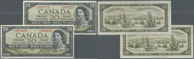 Canada: Pair of 20 Dollars 1954 ”Devil's Face Hair Style” Issue, one with signature Coyne & Towers, P.70a in VF with a few folds and the other one wit...