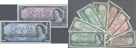Canada: Nice set with 10 Banknotes series 1954, containing 4 x 1 Dollar P.74a,b, 75b,c in F to UNC, 3 x 2 Dollars P.76b.c.d in F to VF, 5 Dollars P.77...