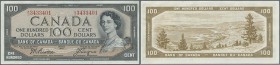 Canada: 100 Dollars 1954, signature Beattie & Coyne, P.82a with two vertical folds at center and a few minor creases in the paper. Condition: VF+