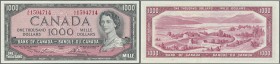 Canada: 1000 Dollars 1954, signature Lawson & Bouey, P.83a, very rare and highest denomination of this series, vertically folded 3 times but still in ...