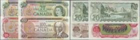 Canada: Very nice set with 4 Banknotes comprising 20 Dollars 1969 with signature Beattie & Rasminsky and 20 Dollars signature Lawson & Bouey, 50 Dolla...