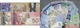 Canada: Huge set with 15 Banknotes series 2001-2017 comprising 5 Dollars 2002/2001, 5 Dollars 2002/2005, 5 Dollars 2006/2006, 10 Dollars 2001/2000, 10...