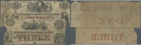 Canada: The Farmers Joint Stock Bank, set with 3 Banknotes 1, 2 and 3 Dollars 1849, P.S1766-S1768, all in well worn condition with small missing parts...