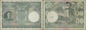 Ceylon: 100 Rupees 1945 P. 38 portrait KGVI in used condition with vertical and horizontal folds, tiny center hole, 2 pinholes at left, several stamps...