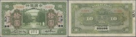China: 10 Yuan 1918 Tientsin overprint on Peking Pick 53r, used with folds and stain in paper, probably pressed but no holes or tears, still nice colo...