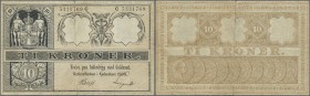 Denmark: Very early issue of the 10 Kroner, dated 1908, P.7f, still nice condition with a 4,5 cm tear from upper margin to center and a few other bord...