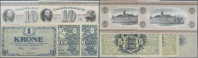 Denmark: Set with 5 banknotes 1 Krone 1918 P.12d (aUNC), 5 Kroner 1942 P.30h (F), 5 Kroner 1943 P.30j (XF), 10 Kroner (19)74 P.44ai (UNC) and 10 Krone...