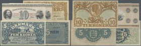 Denmark: set of 5 notes containing 5 Kroner 1943 P. 30 (UNC), 10 Kroner 1943 P. 31 (XF+), 5 Kroner 1944 P. 35 (VF-) and 2x 10 Kroner 1964 & 1973 P. 44...