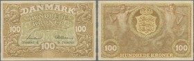 Denmark: 100 Kroner 1943 P. 33d, used with center fold, light vertical and horizontal fold, no holes or tears, condition: VF+ to XF-.