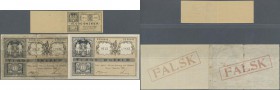 Denmark: Very nice set with 3 miniature prints of 10 Kroner 1903 like P.2 in UNC and two prints of 10 Kroner 1904 like P.7a, both with stamp ”FALSK” o...